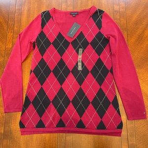 Tommy Hilfiger Women's Lightweight Sweater M Sz Argyle V-Neck Burgundy/Navy Blue